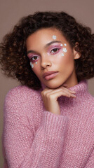 Pink shimmer eyeshadow with white silver snowflake patterns around eyes on woman with curly hair wearing cozy pink sweater