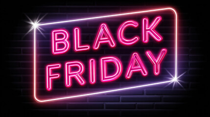 Neon black friday sign with vivid pink glowing lights in rectangular frame on dark background creating striking retro aesthetic