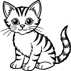 Obraz premium Create a highly detailed black-and-white hand-drawn sketch of a cute tabby kitten sitting with its front paws forward and large, expressive eyes. The fur should be textured with fine linework, and the