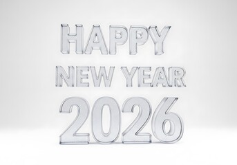 A 3D rendering of 'HAPPY NEW YEAR 2026' in clear, reflective glass lettering on a bright white background.