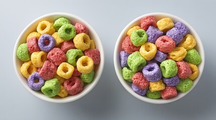 Two bowls filled with colorful cereal pieces in various shapes and colors