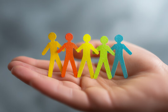 Hand holding colorful paper cutout human figures symbolizing unity team support diversity and connection in an inclusive community background