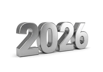 A 3D rendering of the number 2026 in a bold, silver, brushed metal texture, isolated on a white background with a soft shadow.