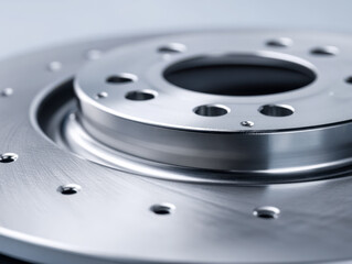 Detailed view of a shiny metallic automotive brake disc with multiple holes designed for ventilation and mounting on vehicle wheel hubs in soft lighting