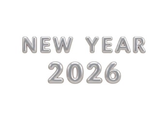 Silver balloon-like 3D text spelling "NEW YEAR 2026" against a clean white background, symbolizing upcoming celebrations.