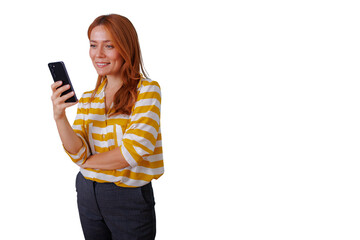 Woman with red hair smiling and using smartphone, communicating social media on transparent background