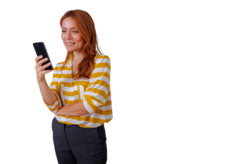 Woman with red hair smiling and using smartphone, communicating social media on transparent background