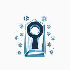 a simple keyhole made of transparent crystal with tiny snowflake sparkles around