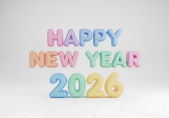 Colorful 3D rendered text displaying "Happy New Year 2026" against a simple white background.