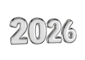 Silver metallic balloon numbers forming the year 2026 against an isolated white background.