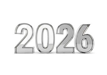 Three-dimensional metallic numerals spelling out the year 2026, rendered with a reflective surface against a stark white background.