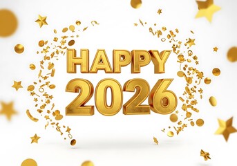 A festive golden "HAPPY 2026" message surrounded by sparkling confetti and stars, celebrating the new year.