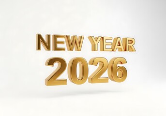 Elegant shiny gold 3D typography for the New Year 2026 celebration, isolated on a bright white background.
