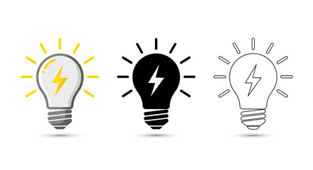 Light bulb icon set with lightning bolt isolated on white background, symbolizing idea, innovation, energy, and inspiration for creative projects