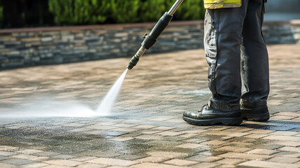 A professional uses a high-pressure water jet to clean a paved surface, removing dirt and grime. The cleaning process rejuvenates the walkway, enhancing its appearance.