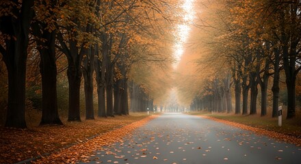 Golden autumn avenue lined with trees and sunlight