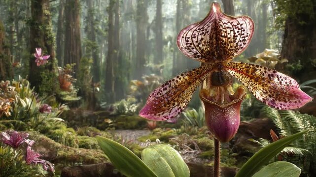 Close-up of a unique orchid in a lush, green forest, with dappled petals and a purple stem