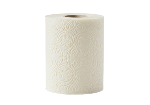 Isolated roll of toilet paper, with a textured pattern; a household necessity and personal hygiene