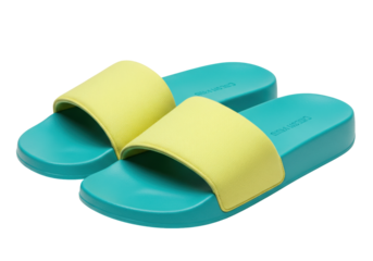Isolated pair of vibrant two-tone summer slides or slippers on a neutral background