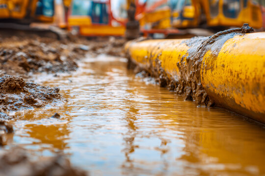 Muddy waterlogged construction site with yellow industrial pipe partially covered in wet mud and reflective puddles after heavy rain during earthworks