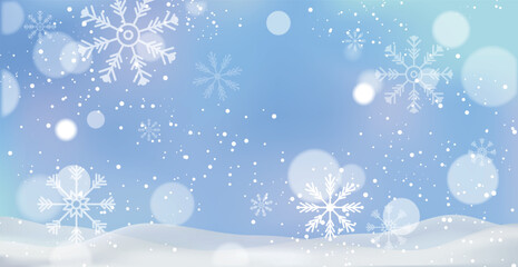 White falling snow, big snowdrifts, different snowflakes, festive Christmas background - Vector illustration
