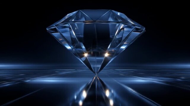 A large, multifaceted gem stands upright, reflecting light in a blue-lit environment