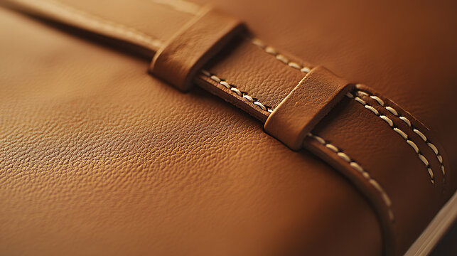 Detailed shot captures the texture and stitching of a light brown leather product. The craftsmanship is emphasized by the close-up view, highlighting the material's quality.