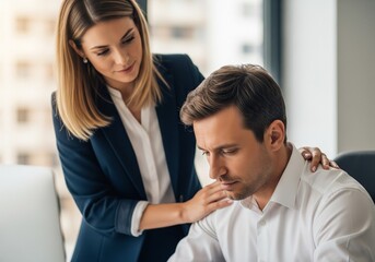 Workplace Compassion: A Comforting Hand in Difficult Times - A caring female colleague gently comforts a worried coworker, symbolizing empathy, emotional support, and kindness in professional life.