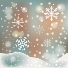 White falling snow, big snowdrifts, different snowflakes, festive Christmas background - Vector illustration