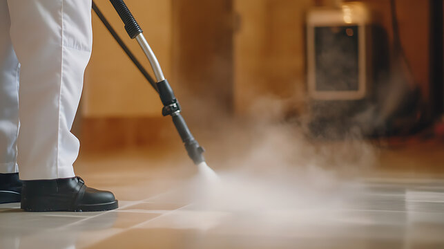 Professional using a steam cleaner to disinfect the floor, ensuring a germ-free environment. Hygienic cleanliness being performed by a professional. Tile is clean.