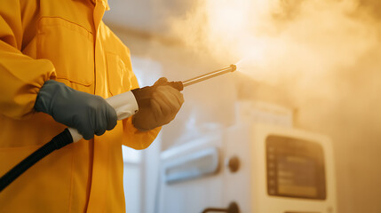 Worker wearing protective gear sprays disinfectant. The focus is on safety, hygiene, and effective cleaning with a focus on health and sanitation.
