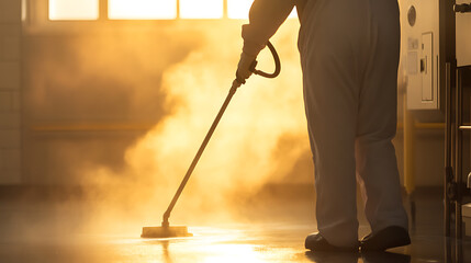 Person in protective suit cleans a floor with steam, silhouetted by warm light in a sterile-looking environment. Vapor rises, adding to the ambiance. Tiles are very clean.