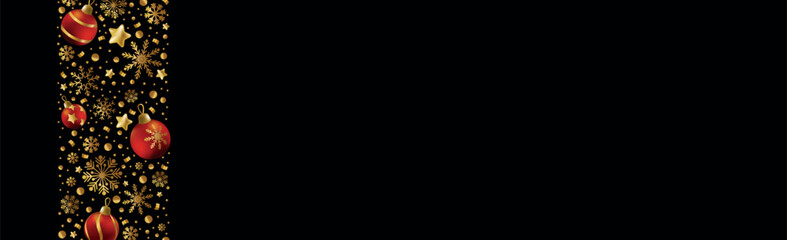 Happy New Year and Merry Christmas greeting card, holiday banner, web poster. Dark background with shining golden snowflakes and red Christmas balls - Vector illustration