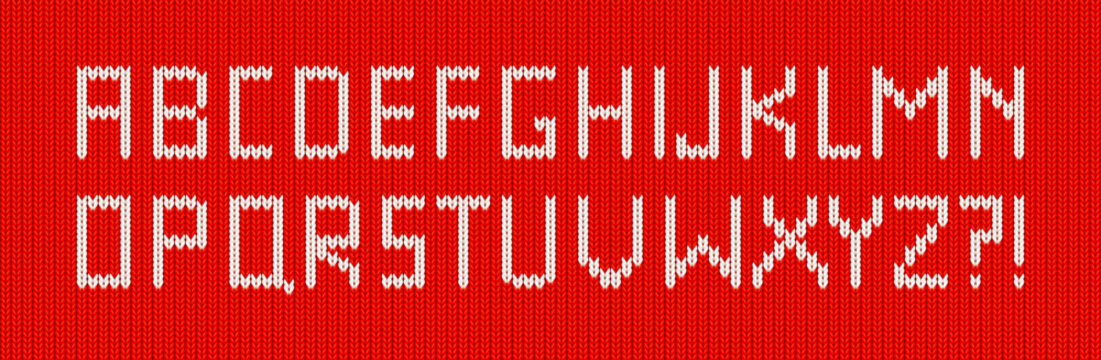 Christmas sweater font, alphabet with knitting pattern. Red wool jumper texture with white type. Woolen knitwear background with font for winter ugly sweater, vector illustration