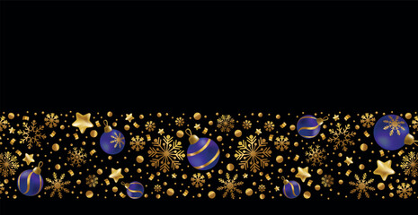 Happy New Year and Merry Christmas greeting card, holiday banner, web poster. Dark background with shining golden snowflakes and blue Christmas balls - Vector illustration