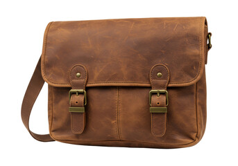Isolated leather messenger bag features adjustable strap with two buckle clasps design style
