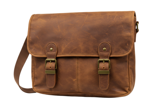 Isolated leather messenger bag features adjustable strap with two buckle clasps design style