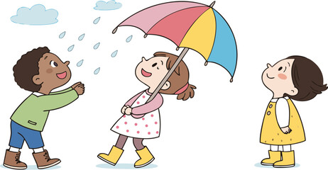 Three cartoon children, appearing to be around 6-8 years old, are depicted under the rain. The leftmost child is a boy with black hair, wearing a green shirt, blue shorts, and brown boots. He holds up