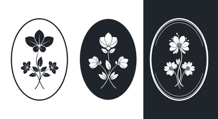 Naklejka premium Collection of three monochrome floral designs in oval frames, featuring elegant botanical illustrations in a minimalist style.