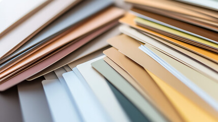 Color palette swatches fanned out in array of light neutral tones, beige, cream, white, and grey. Design choice, home renovation, inspiration and trends. Close-up, soft focus.