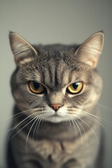 Closeup of an Unhappy Shorthair Feline with a Grumpy Expression Against a Gray Backdrop, Isolated.
