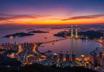 Dalian, China cityscape view at sunset featuring bridges, ocean, and illuminated buildings