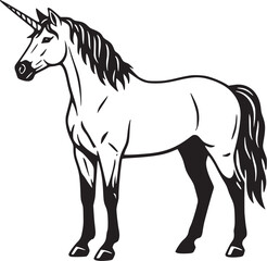 Unicorn line art in a classic engraving style, magic and purity concept.