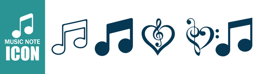 Teal and Outline Music Note Icons with Heart Clefs. Vector Illustration eps 10