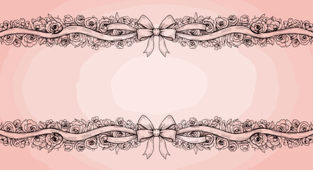 Fototapeta premium Elegant hand-drawn rose and ribbon border design on a soft pink watercolor background for decorative purposes.