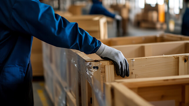 Warehouse worker wearing protective gloves handling wooden crates, ensuring safe and secure packaging in a busy industrial environment. Focused on quality.