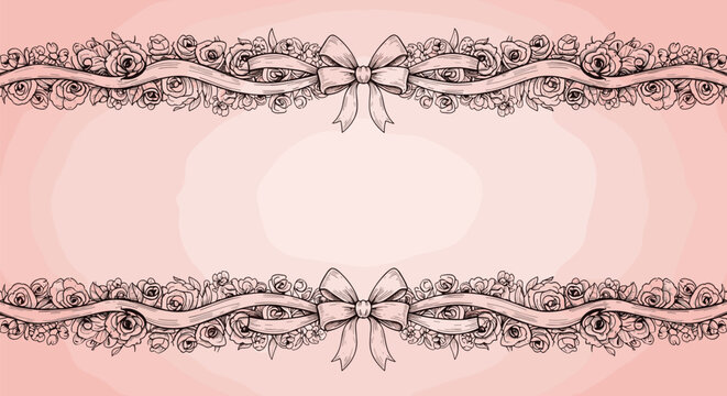 Elegant hand-drawn rose and ribbon border design on a soft pink watercolor background for decorative purposes.