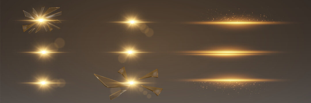 Glowing gold streaks, starbursts and broken glass shine effects