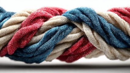 Braided rope with red blue and beige fabric strands detailed texture Material