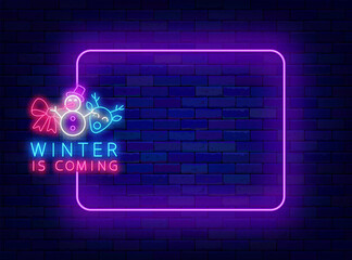 Happy New Year neon advertising. Winter is coming. Empty purple frame. Snowman with deer. Vector stock illustration